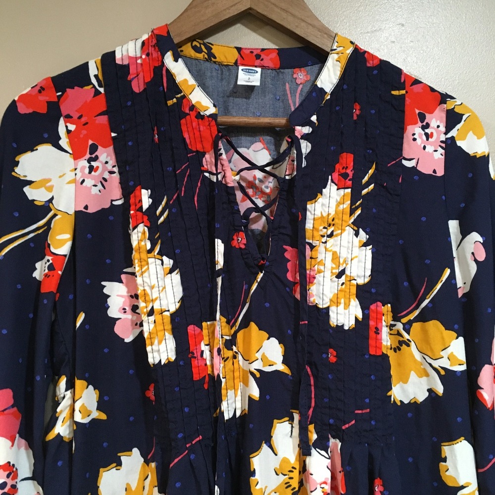 Old Navy Dark Floral Lace Up Pintuck Dress Womens S Navy Boho Cottage Peasant - Picture 2 of 10
